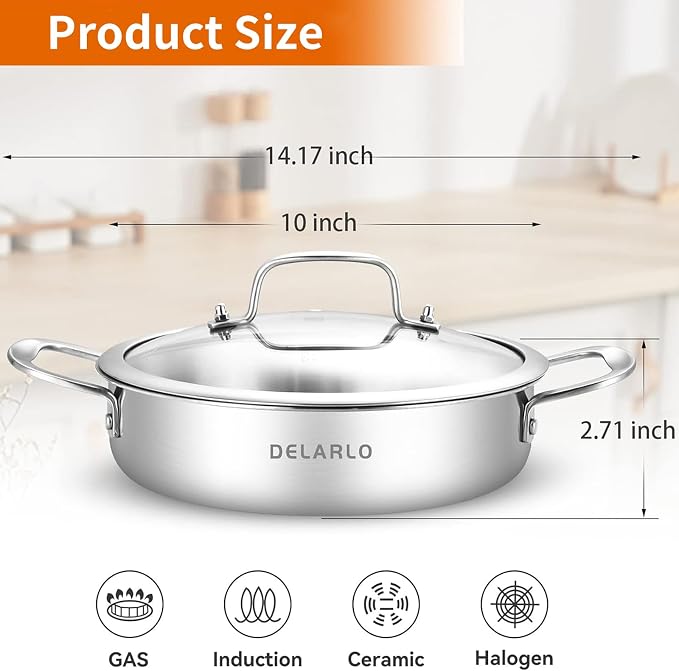 DELARLO Tri-Ply Stainless Steel 10 Inch Frying Pan 3QT Saute Pan With Lid Kitchen Skillets Induction Compatible Chef Cooking Pan Dishwasher & Oven Safe