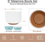 Webbylee 6-inch Melamine Bowls set of 6-20-ounce Dinnerware Cereal Bowls for Soup, Salad & Dessert | Dishwasher Safe & Space Saving (White/Brown)