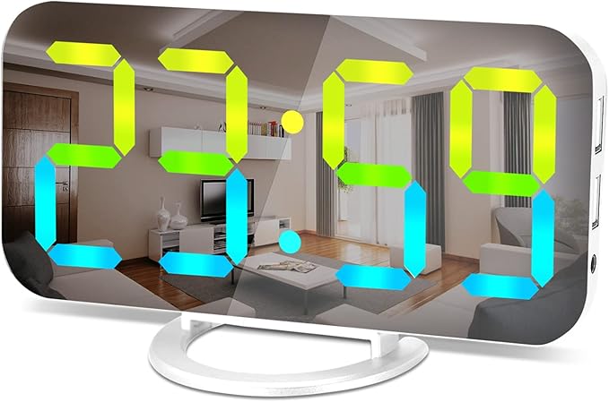 SZELAM Digital Alarm Clock,LED RGB Colorful Clocks,with Mirror Surface Large Display,2 USB Charger Ports,Auto Dimming,Modern Desk Clock for Bedroom Home Office Decor- White