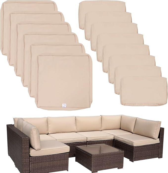 ClawsCover 14Pack Outdoor Patio Seat and Back Cushions Replacement Covers Fit for 7Pieces 6-Seater Wicker Rattan Sectional Couch Chair Furniture Set,Light Khaki-Include Cover Only (Small)