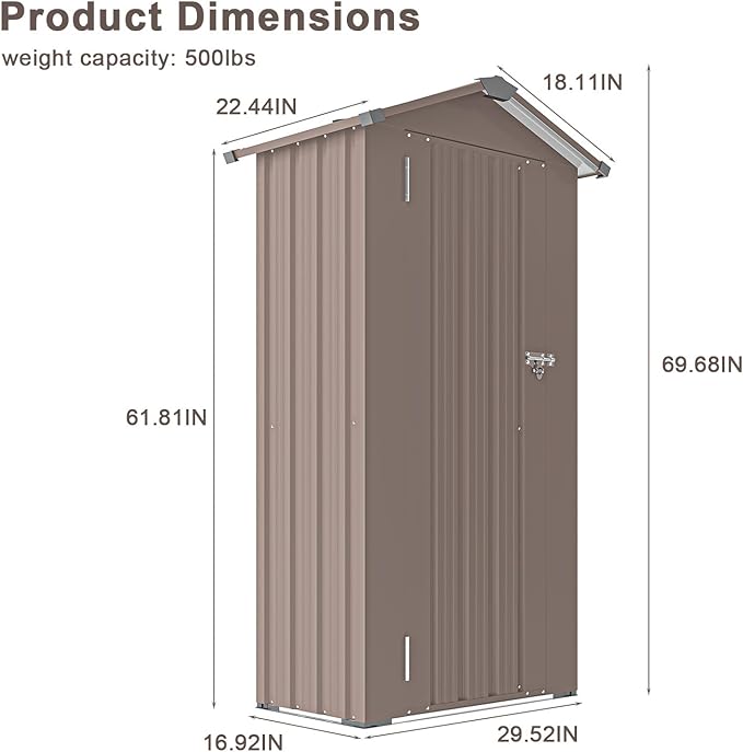 2.5x1.4 FT Heavy-Duty Brown Metal Storage Shed–Lockable Small Tool Shed with Adjustable Shelves Garden Sheds & Outdoor Storage, Tool Shed Outdoor Storage in Garden, Backyard, Patio, Poolside
