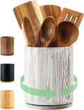 Distressed White Utensil Holder, 360° Rotating 7.3 in Kitchen Organizer | Farmhouse countertop decor. 360° rotating base holds spatulas, ladles, tongs, and cooking tools. Distressed white finish.