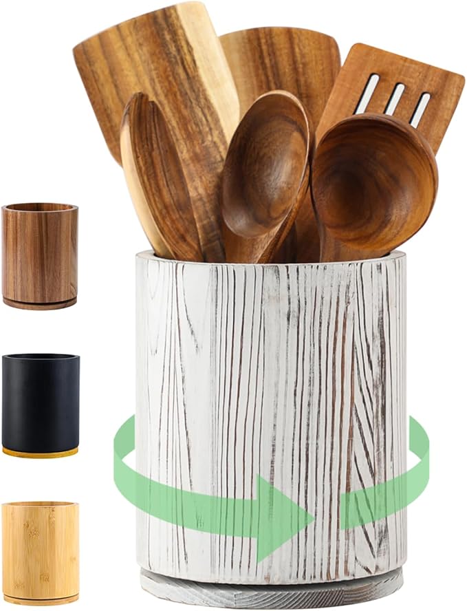 Distressed White Utensil Holder, 360° Rotating 7.3 in Kitchen Organizer | Farmhouse countertop decor. 360° rotating base holds spatulas, ladles, tongs, and cooking tools. Distressed white finish.