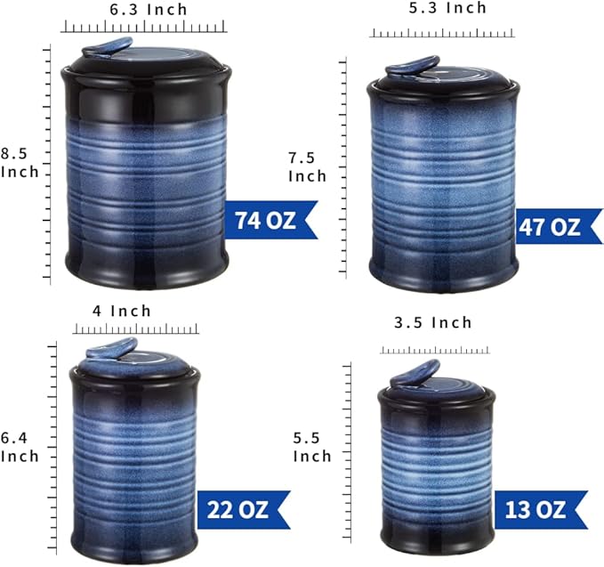 Nihow Food Storage Jar Sets: Ceramic Container with Air Tight Lid for Flour/Sugar/Rice/Coffee/Cookies/Candy - Seal Damp-proof Canister for The Kitchen Counter - Set of 4 （Blue & Black）