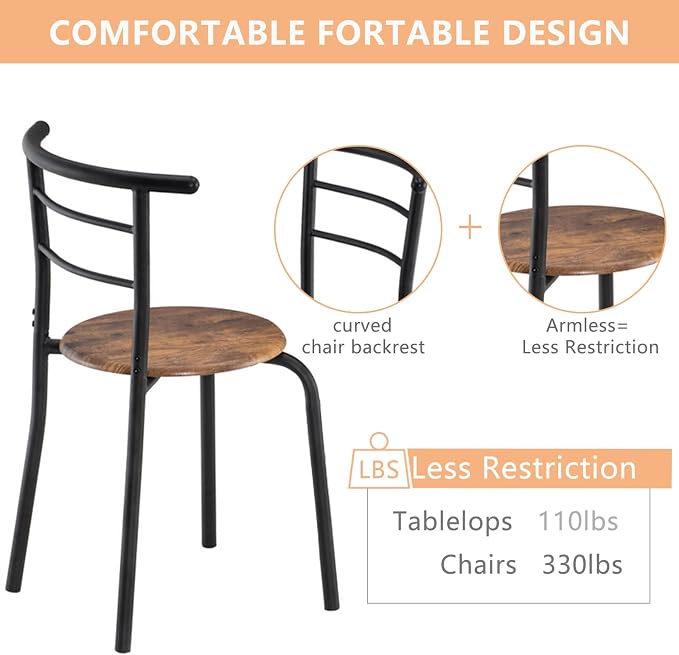 VINGLI 3 Piece Dining Set, Small Kitchen Table Set for 2, Breakfast Table Set, Kitchen Wooden Table with 2 Chairs for Small Space/Dining Room/Apartment, Metal Frame, Wine Rack, Burnt Brown