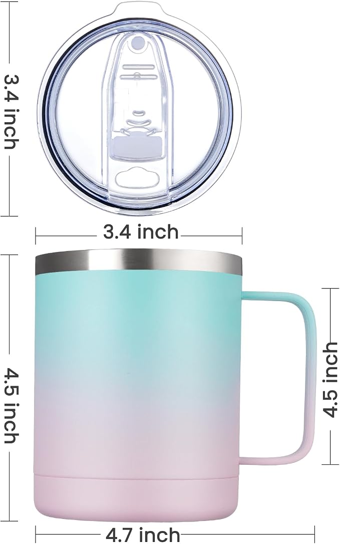 MEWAY 12oz Coffee Mug With Handle and Sliding Lid,Stainless Steel Travel Tumbler Cup with Handle,Double Wall Vacuum Insulated Camping Cup for Hot & Cold Drinks Tea (Bubble Gum,Set of 1)
