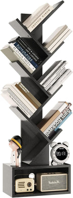 YMYNY 6 Tier Tree Bookshelf, Tall Bookcase, Wood Book Storage Rack with Drawer, Modern Floor Standing Book Shelf for Books/Movies/CDs, Utility Organizer for Living Room, Home Office, Black UHBC016B