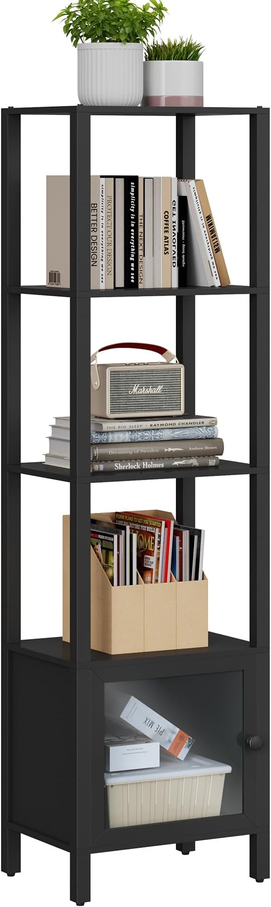 TUTOTAK 5 Tier Bookcase and Bookshelf, Narrow Book shelf with Door for Small Space, for Living Room, Office, Study, Entryway, Black BS03BK005