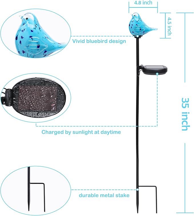 Afirst Decorative Solar Lights Outdoor Solar Bluebird Stake Lights Hand Blown Glass Decorative Garden Pathway Lights Outdoor Waterproof Glass Stakes