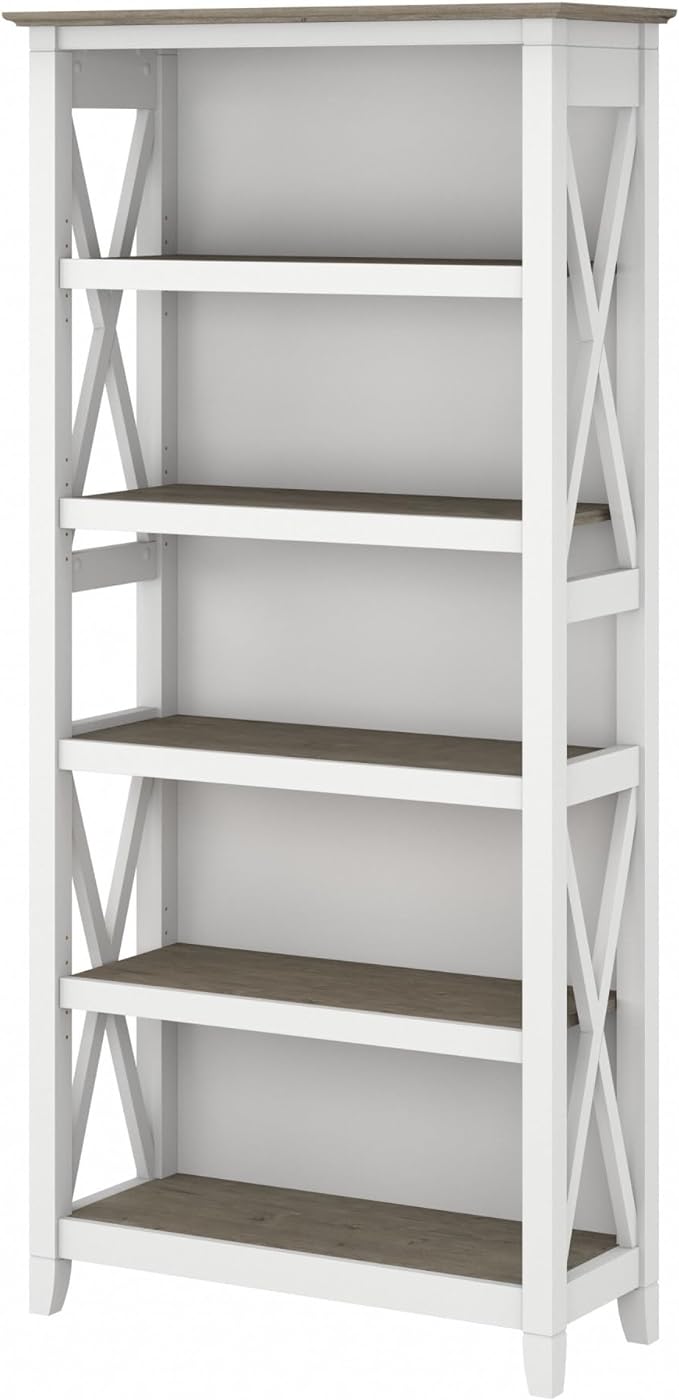 Bush Furniture BSH24470221 Key West 5-Shelf 66-Inch H Bookcase, Shiplap Gray/Pure White