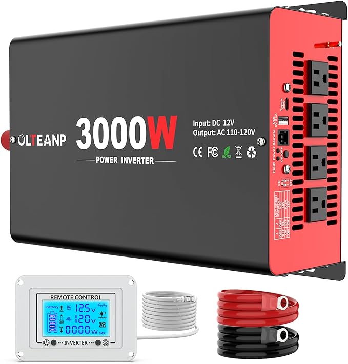 3000 Watt Power Inverter 12V DC to 110V AC Car Inverter with 4 AC Outlets, 30W Type-C Port, 3.1A USB Port, Remote Controller on LCD Screen, Power Converter for Truck, Home, Vehicles,Trip