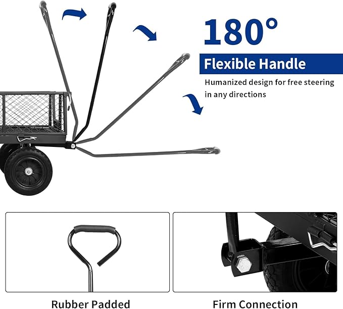 BILT HARD 880 lbs 10" Flat Free Tires Steel Garden Cart with 180° Rotating Handle and Removable Sides, Heavy Duty 4 Cu.Ft Capacity Utility Garden Carts and Wagons, Black