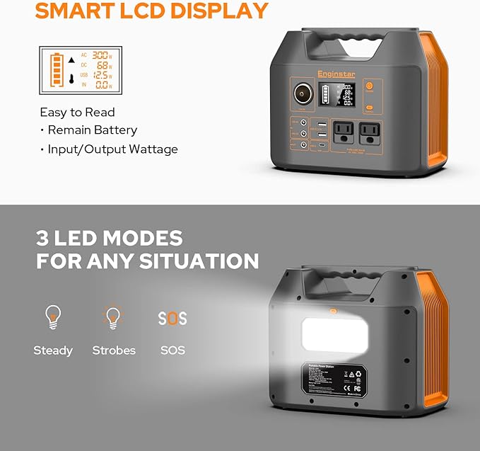 Portable Power Station EnginStar 300W Solar Generator 110V 296Wh Power Bank Two Pure Sine Wave AC Outlet 80000mAh Lithium Battery Pack for Camping Outdoors Trip RV Hunting Vans Emergency Backup