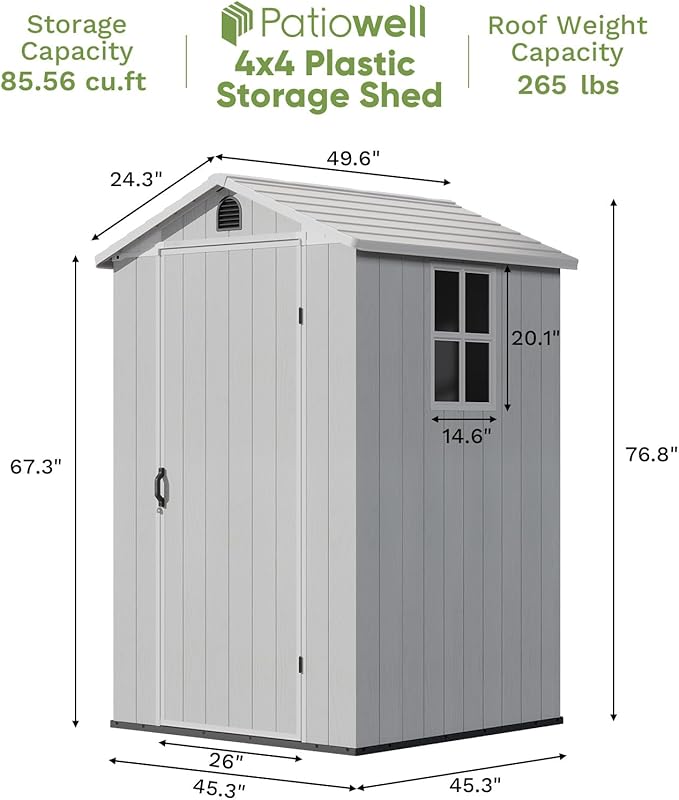 Patiowell 4' x 4' Outdoor Storage Shed with Floor, Plastic Shed Outside Resin Tool Shed with Window and Lockable Door for Backyard Garden Patio Lawn, Light Grey (Fit-it Shed)