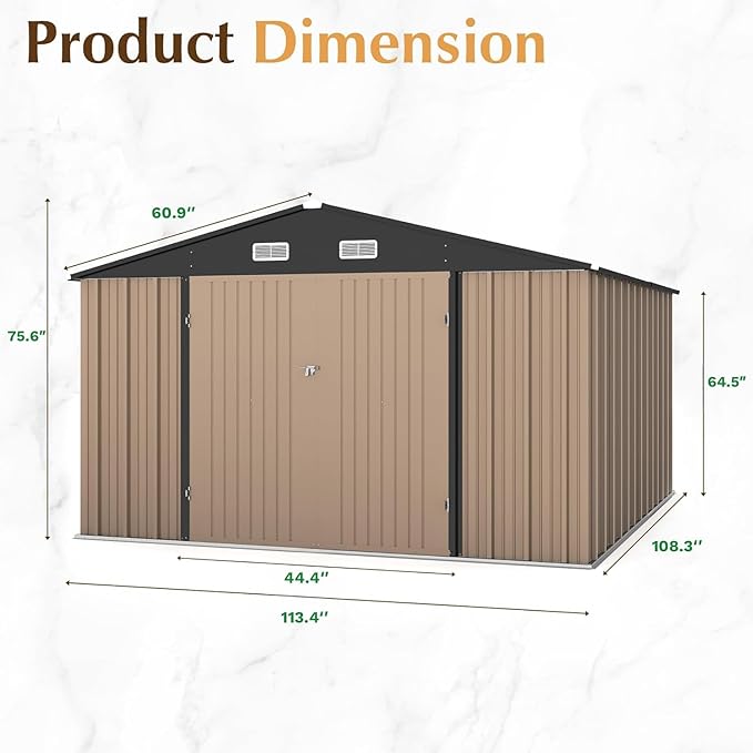 GUNJI 10 x 10 FT Shed Outdoor Storage Shed Metal Garden Shed with Lockable Door Outside Waterproof Tool Shed for Backyard, Patio, Lawn (Brown)