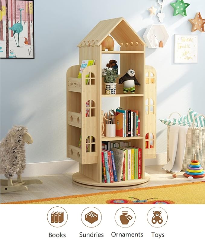 Heehee Rotating Bookshelf 360 Display Floor Standing Bookcase Storage Rack for Kids Children's bookshelf, Book Display Stand, Wood Book Shelf Organizer for Kids, Storage Book Display Case Bookrack