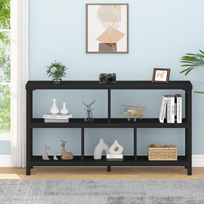 IBF Horizontal Cube Book shelf, Industrial Modern Open Bookshelf, Low Wide Home 5 Cube Storage Organizer Long Shelf for Bedroom, Short Wood and Metal Cubby Book Shelf for Living Room, Black Oak, 47 In