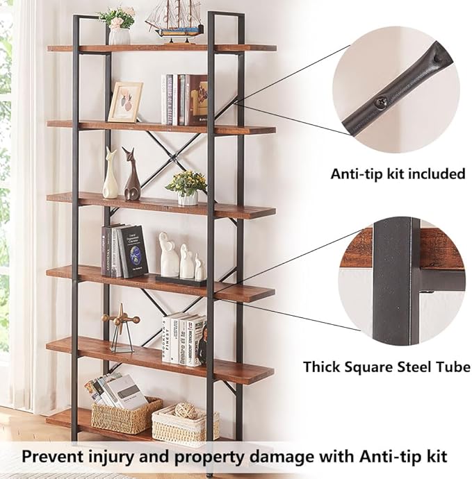 HSH Solid Wood Bookshelf, 6 Tier Tall Industrial Etagere Bookcase and Storage Shelves Heavy Duty, Rustic Large Open Vertical Metal Natural Real Wood Book Shelf for Bedroom Living Room Distressed Brown