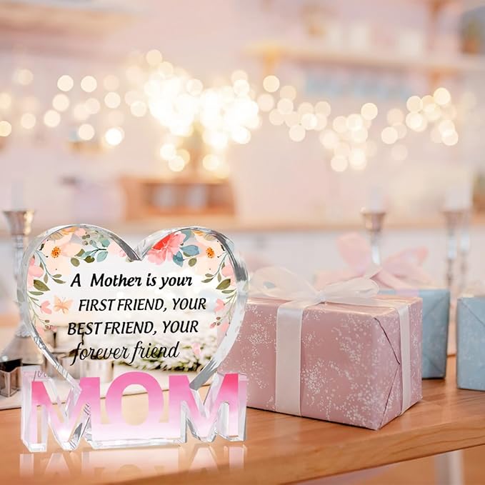 Mothers Day Gifts Best Mom Gifts -Gifts for Mom from Daughter Son - Best Mom Ever Gifts Unique Mother Birthday Acrylic Heart-Shaped Plaque Desk Decorations Present for Mom Christmas Anniversary