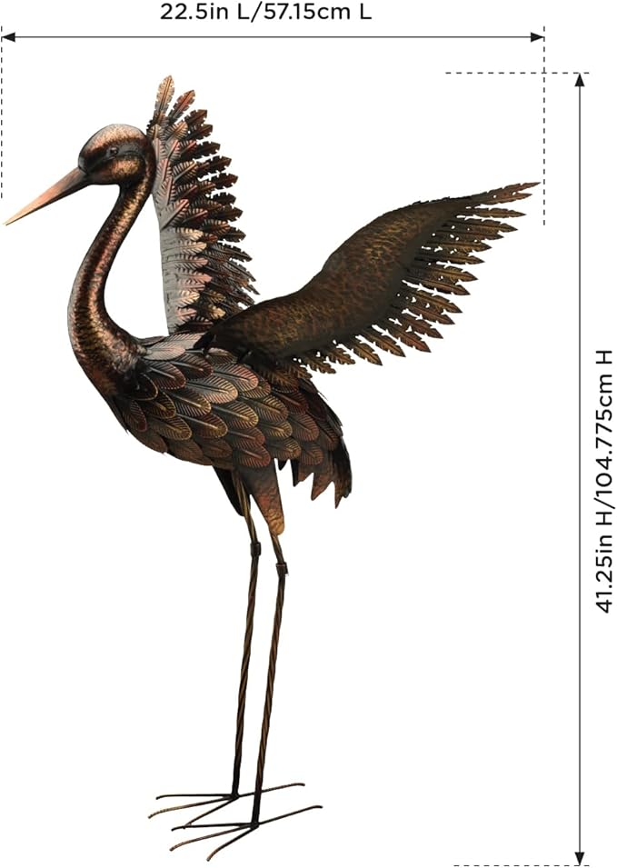 Regal Art & Gift Outdoor Garden Décor, Unique Bird Sculpture, Rustic Metal Bird Statues, Garden Ornaments, Bird Figurine for Lawn, Decorative Sculpture, Crane, Multi, Wings Up, 44" Height