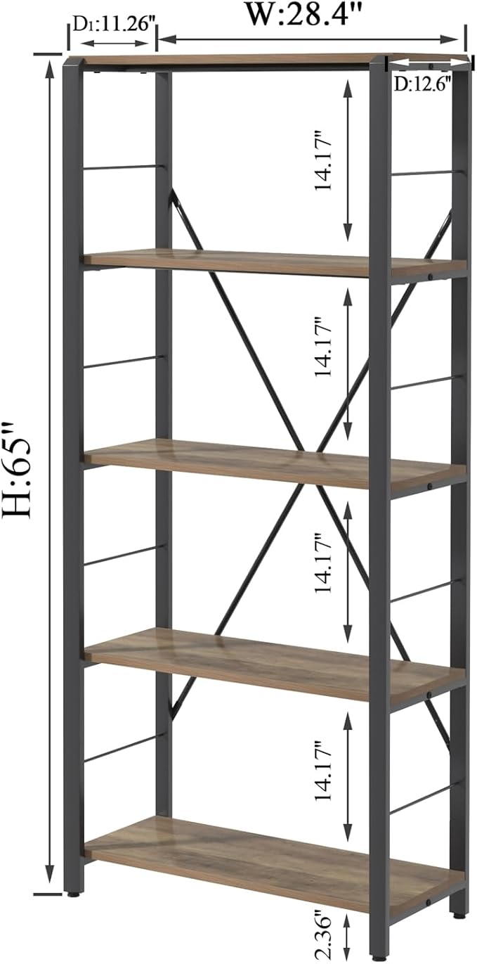 FOLUBAN 5 Tier Tall Bookshelf, Industrial Vintage Book Shelf, Rustic Wood and Metal Bookcase for Home Office Bedroom, Oak