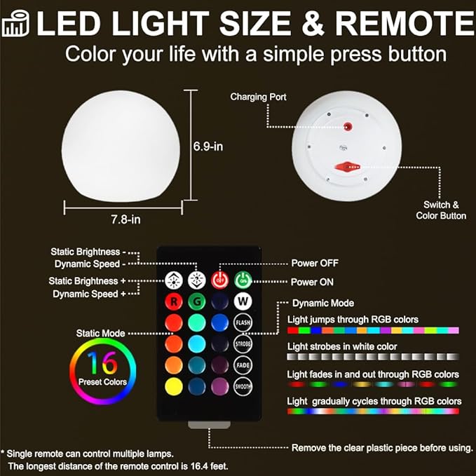LED Glowing Ball Light, 8-in RGB Color Changing LED Orb Night Light Mood Lamp for Kid, 16 Colors 4 Lighting Modes & 8 Brightness Sphere Lamp w/Remote, Rechargeable Outdoor Globe Lights for Home Patio