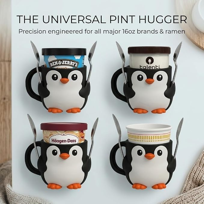 Ice Cream Pint Holder – Fits Standard Pints – Dual Spoon Sockets – Keeps Hands Warm – Fun Unique Designs with Vibrant Colors – Reusable Ice Cream Sleeve - Ramen Noodle Holder (Cow)
