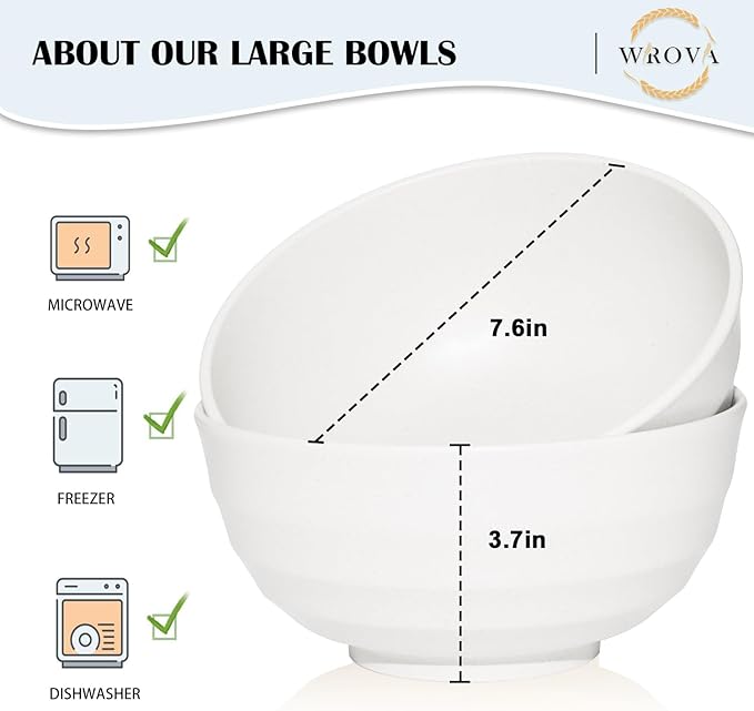Wrova Wheat Straw Bowls Set 60 OZ, Unbreakable Large White Bowls Set of 6, Microwave and Dishwasher Safe Big Cereal Bowl for Dorm and Apartment, Salad Bowl for Serving Oatmeal and Popcorn (White)
