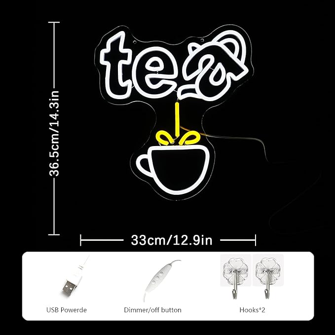 Tea Neon Sign Teapot LED Neon Light White Tea Bar Neon Sign Decor Hanging for Coffee Station, Teahouse, Restaurants, Home, Farmhouse, Kitchen Decoration