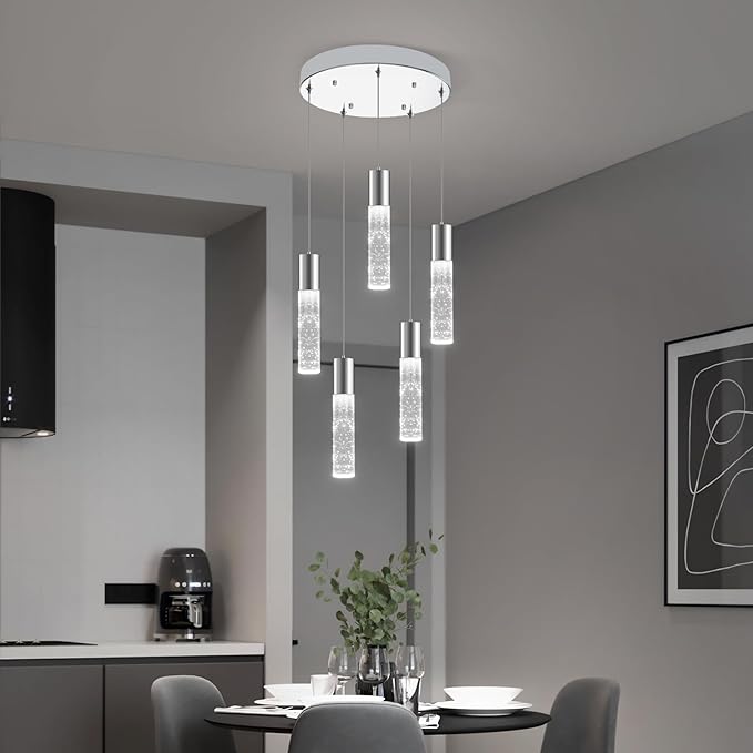 OKELI Smart Dimmable LED 5-Light Pendant Light for Kitchen Island, 18W 1350LM Modern Bubble Crystal Island Light Fixture with TUYA App & Voice Control, Adjustable 3000K-6000K, Electro-Chrome