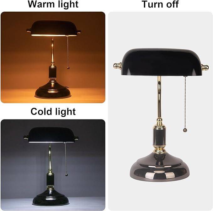 FIRVRE Bankers Desk Lamp with Pull Chain Switch Plug in Fixture, Black Glass Shade Desk Lamps, Golden and Black E26 Base, Traditional Library Lamp for Office,Piano,Study Room