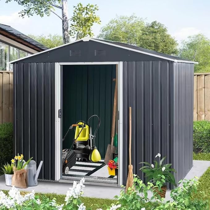 6x8 FT Outdoor Storage Shed, Metal Garden Shed with Frame Floor, Outside Tool Shed with Lockable Sliding Doors, Waterproof Storage Building with Sloped Roof for Backyard, Patio, Lawn, Black