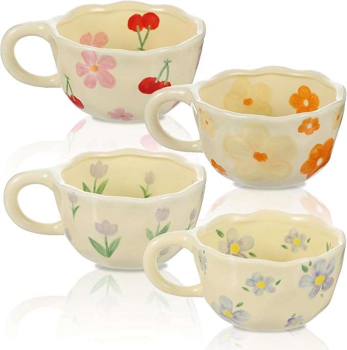 Lemecima 4 Styles Cute Ceramic Flower Coffee Mug Set 8.5 oz Vintage Aesthetic Porcelain Floral Tea Coffee Cup with Handle Dishwasher Microwave Safe for Thanksgiving Christmas Gifts for Women Gifts