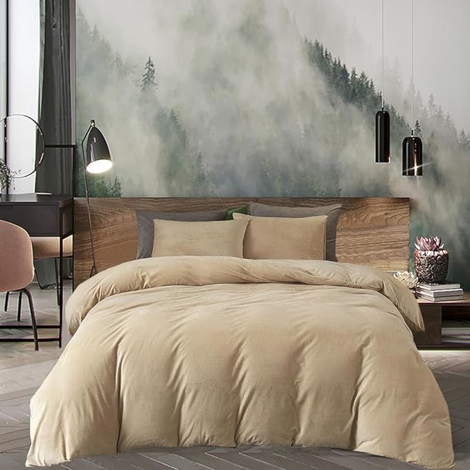 Wellboo Beige Velvet Comforter Sets Full Solid Cream Coffee Fluffy Bedding Comforters Luxury Champagne Flannel Quilts Women Men Light Taupe Fuzzy Blankets Modern Minimalist Khaki Tan Sherpa Plush Bed