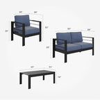 Solaste Outdoor Aluminum Furniture Set - 4 Pieces Patio Sectional Chat Sofa Conversation Set with Table,Black Frame and Blue Cushion