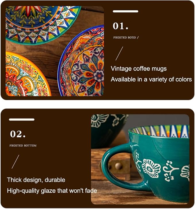 Yellow Ceramic Mug, Bohemian Hand-Painted, 15 Oz Large Coffee Cup for Milk, Tea, Breakfast, Dishwasher & Microwave Safe Cup