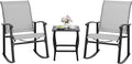 Shintenchi 3 Piece Rocking Bistro Set, Outdoor Furniture with Rocker Chairs and Glass coffee table set of 3, Balcony, Porch Furniture for Small Space, Light Gray