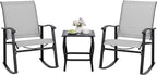Shintenchi 3 Piece Rocking Bistro Set, Outdoor Furniture with Rocker Chairs and Glass coffee table set of 3, Balcony, Porch Furniture for Small Space, Light Gray
