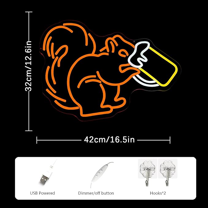 Squirrel Beer Neon Sign for Wall Decor Bar Neon Light Orange Squirrel Drinking Wine Led Light Animal LED Sign Dimmable LED Neon Light for Bar Bedroom Kidsroom Business Game Room
