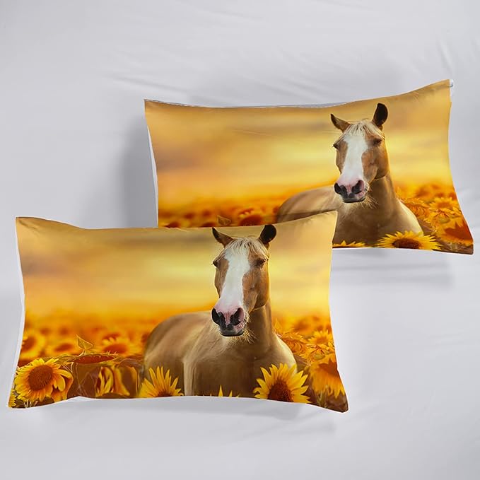 Horse Comforter Full Size,Sunflower Horse Comforter Set for Kids Teens Girls Boys,3Pcs Bedding Set Printed Comforter with 2 Pillowcases,Soft and Lightweight，Full Size