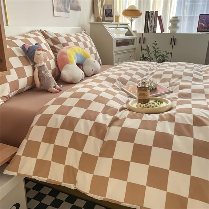Wellboo Light Brown Plaid Comforter Sets California King Women Men Cream Coffee and White Checkerboard Grid Bedding Comforters Cal King Cotton Boys Girls Modern Light Taupe Checkered Geometric Quilts