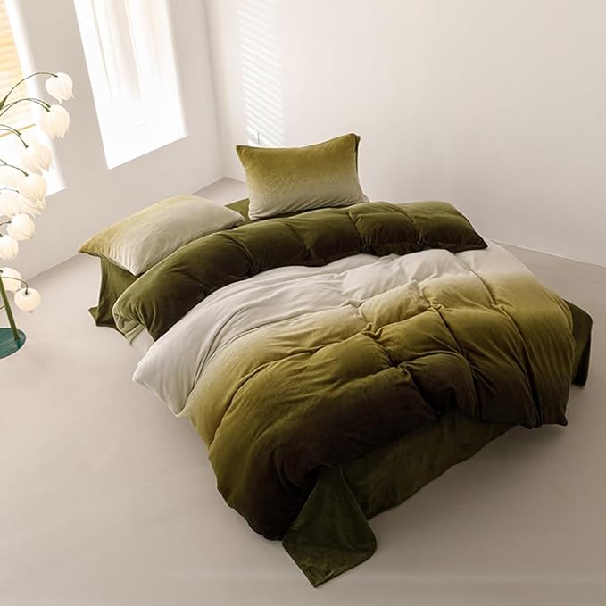 Wellboo Army Green Gradient Comforter Sets Queen Green White Fluffy Bedding Comforters Modern Gradient Dark Green Flannel Quilts Farmhouse Abstract Art Watercolor Comforters Sherpa Fuzzy Plush Bedding