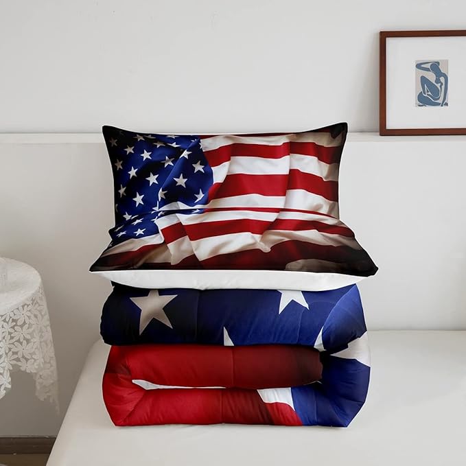 Erosebridal American Flag Comforter Set, United States Down Comforter Twin Size for Kids Boys Teens, USA Federations Stars Bedding Set Geometric Stripes Quilted Duvet for Bedroom, Blue White and Red