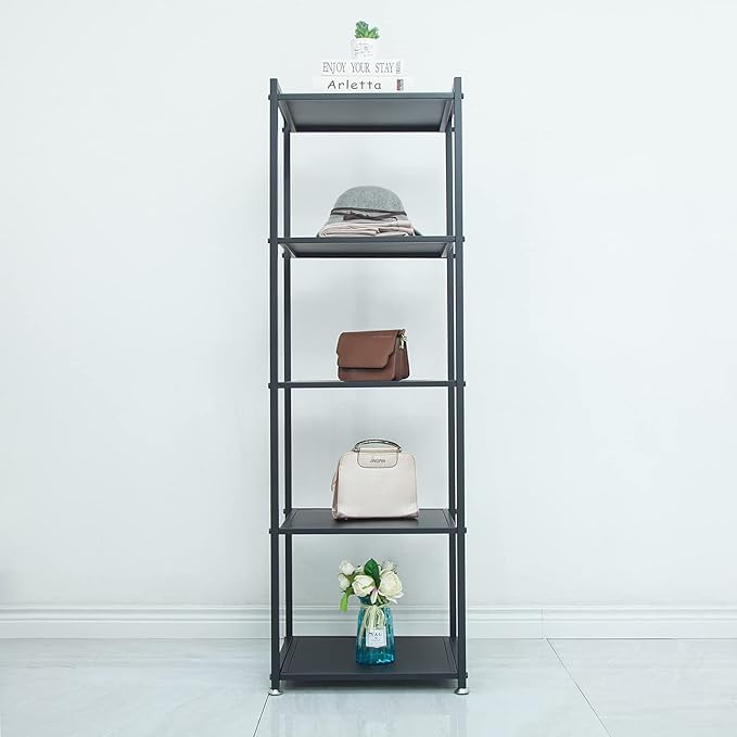 Display Shelf, 5-Tier Shelf Stand, Black Metal Thin Narrow Tall Large Corner Shelf Bookshelf Freestanding for Bedroom Shop Commercial Retail Storage(19.7x15.7x63)…