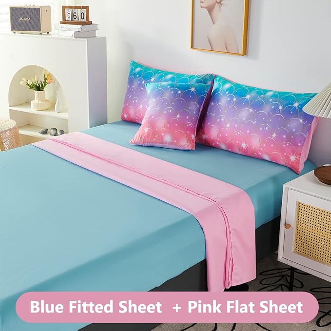 PERFEMET Mermaid Print Full Size Comforter Set for Girls, 6 Piece Colorful Tie Dye Teen Girl Bedding Set, Pink Purple Ombre Cute Bed in A Bag Comforter Set with Sheets