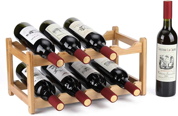 Wine Rack 8 Bottle 2-Tier Eco-Friendly Bamboo Wine Storage Easy-Assembly Space-Saving for Wine Lovers,Kitchen Wine Organizer for Countertop,Pantry, Home,Room Decor,Bar