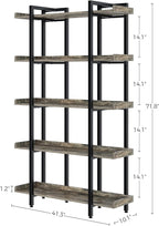 Rolanstar Book Shelf 5-Tier, 71.8’’H Tall Bookshelf for Home Office, Open Wood Display Shelves, Large Standing Bookcase with Metal for Living Room, Industrial Corner Bookshelf Grey
