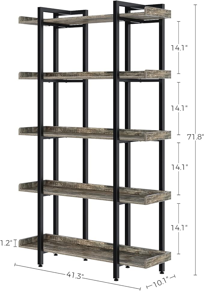 Rolanstar Book Shelf 5-Tier, 71.8’’H Tall Bookshelf for Home Office, Open Wood Display Shelves, Large Standing Bookcase with Metal for Living Room, Industrial Corner Bookshelf Grey