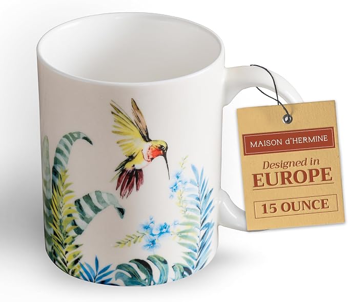 Maison d' Hermine Coffee Mug with Handles Tea Cups (15 Ounce, Pack of 1) | Fine Bone China Coffee Mugs for Hot Beverages Cappuccino Latte Home Restaurant Hotel Spring Summer -Tropiques - Hummingbird