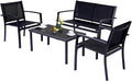 4 Pieces Patio Furniture Set Outdoor Garden Patio Conversation Sets Poolside Lawn Chairs with Tempered Glass Coffee Table Loveseat Porch Furniture Textilene Fabric Black